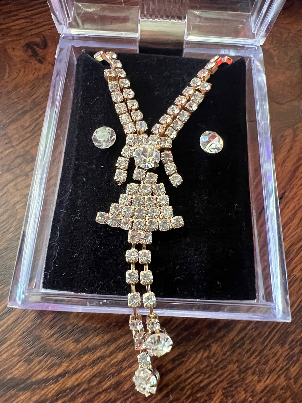 Vintage Art Deco Dancing Lady Goldtone Rhinestone Necklace w/earrings NIB